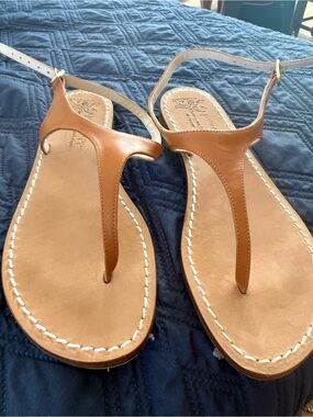 Leather T-Strap Sandals in Cognac - handmade in Italy (with bag)